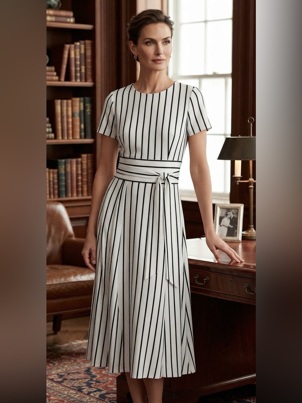 Ralph Lauren White Midi Dress with Black Stripes and Waist Tie Size 2